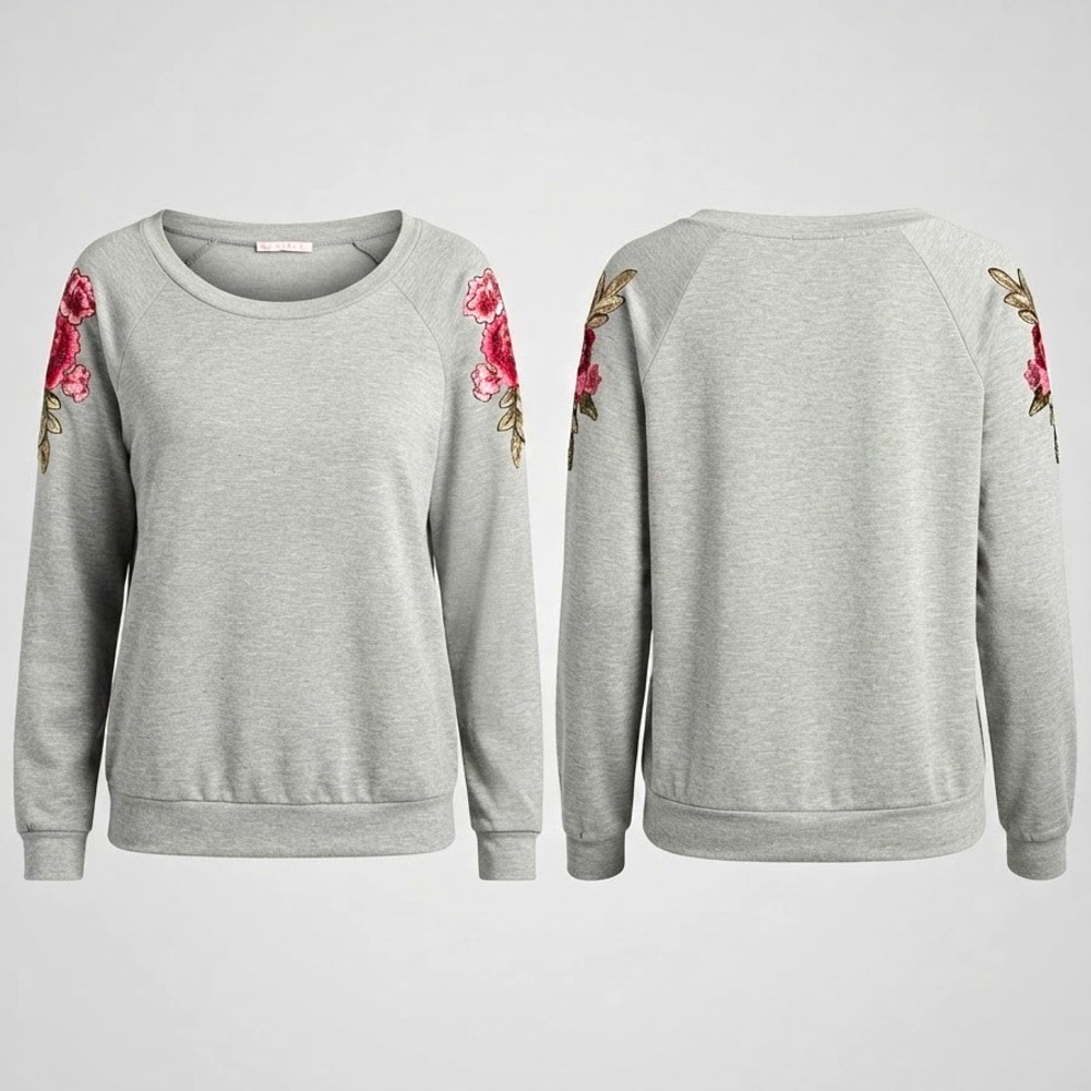 West Kei Gray Floral Embroidered Raglan Crewneck Pullover Sweatshirt M TU37035 - Picture 1 of 10